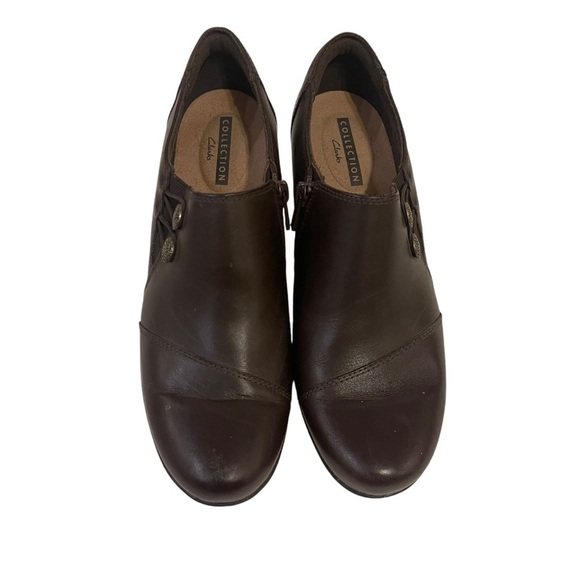 Women’s CLARKS Collection Emslie Brown Leather Heeled Ankle Booties Shoes - Picture 7 of 8